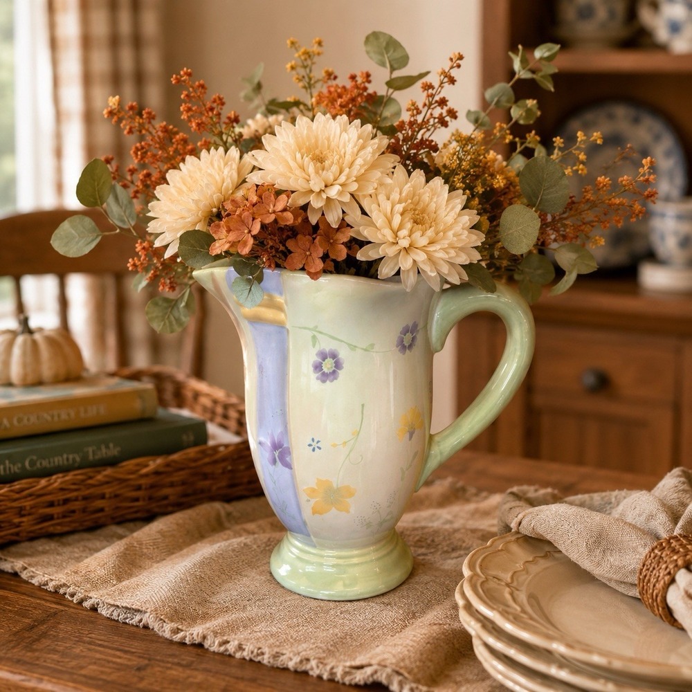 Debbie Mumm Floral Ceramic Pitcher Vase 10" Pastel Cottage Garden Decor